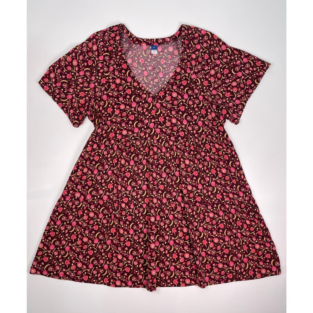 Old Navy Burgundy Floral V Neck Short Sleeve Swing Dress Size Medium - Picture 4 of 10